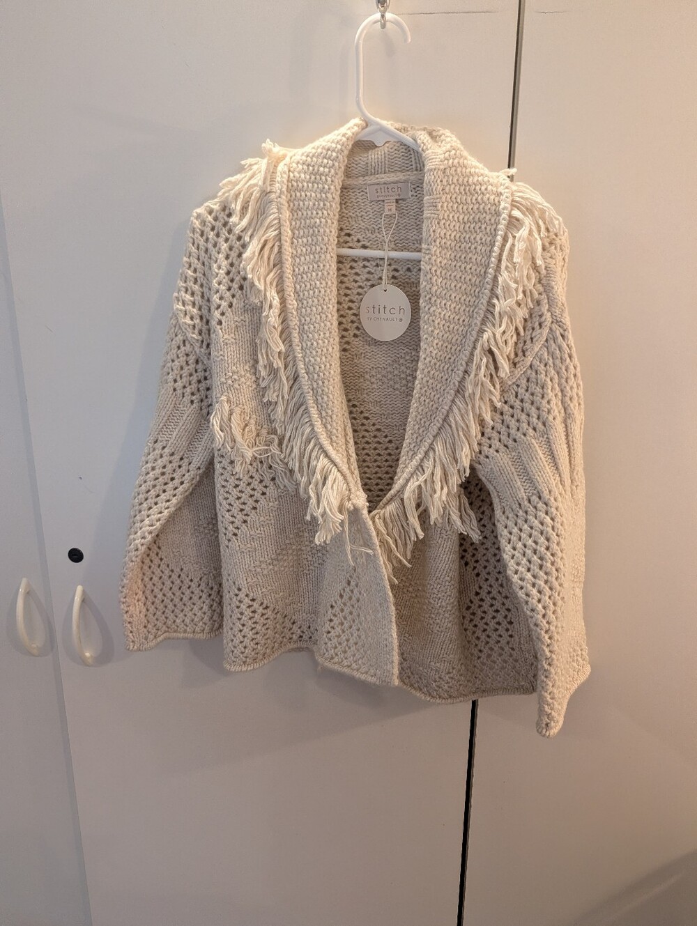 Stitch By Chenault  M Open-Front Wool Blend Fringe Shawl Cardigan - Cream NWT